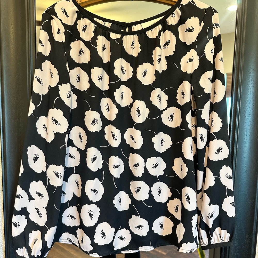 Ann Taylor Black Blouse with White Floral Motif